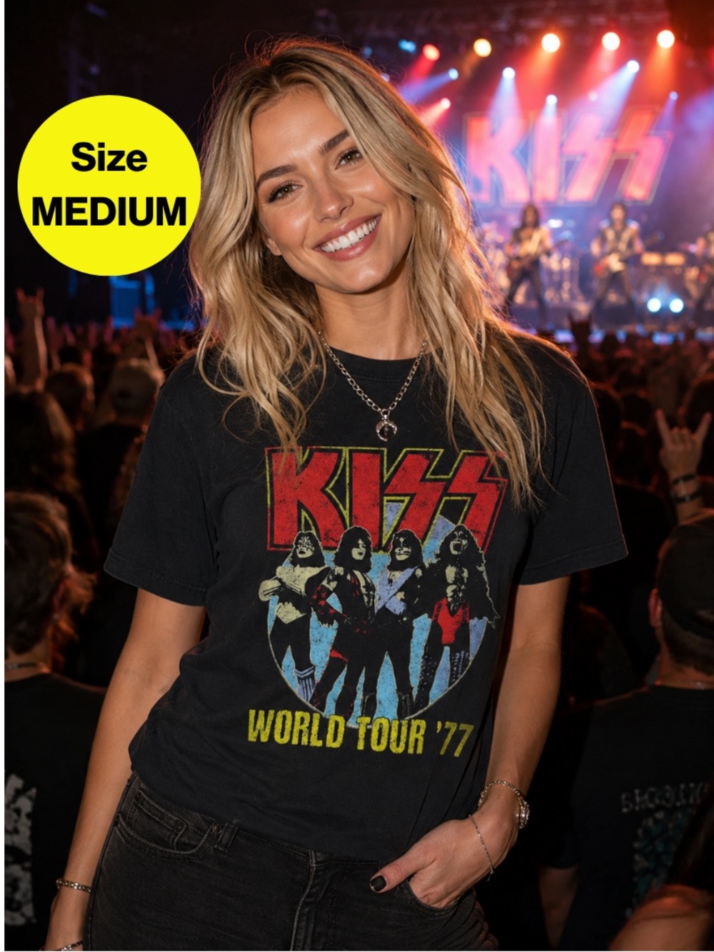3/for $15 🍒 KISS Black Short Sleeve Logo Tee World Tour ‘77 (Women’s Medium)